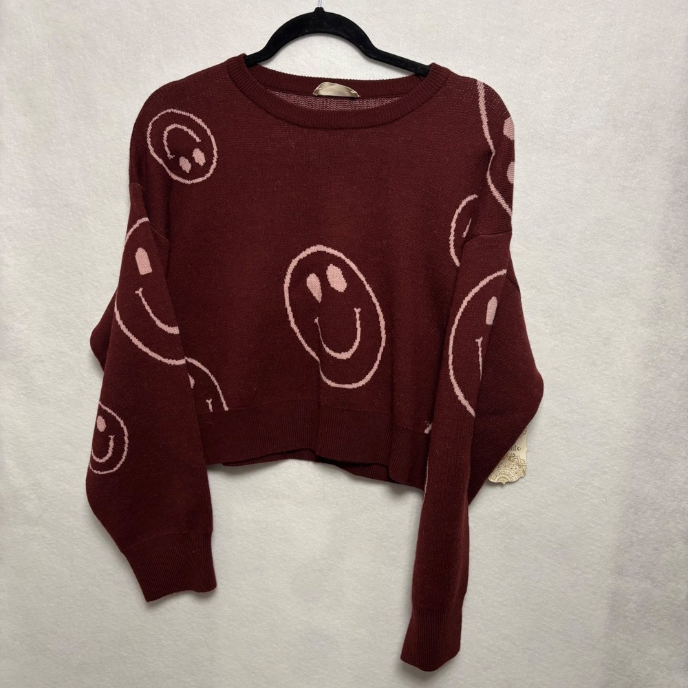 Altar'd State Burgundy Smiley Face Cropped Knit Sweater Small NWT